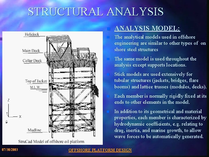 STRUCTURAL ANALYSIS 07/30/2003 n ANALYSIS MODEL: n The analytical models used in offshore engineering