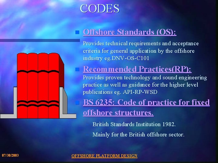 CODES n Offshore Standards (OS): Provides technical requirements and acceptance criteria for general application