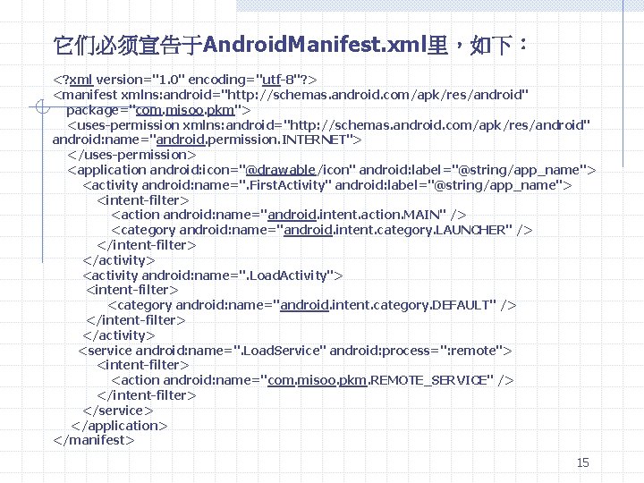 它们必须宣告于Android. Manifest. xml里，如下： <? xml version="1. 0" encoding="utf-8"? > <manifest xmlns: android="http: //schemas. android.