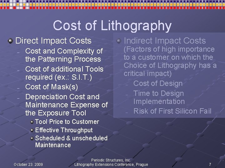 Cost of Lithography Direct Impact Costs Cost and Complexity of the Patterning Process Cost Cost of Lithography Direct Impact Costs Cost and Complexity of the Patterning Process Cost