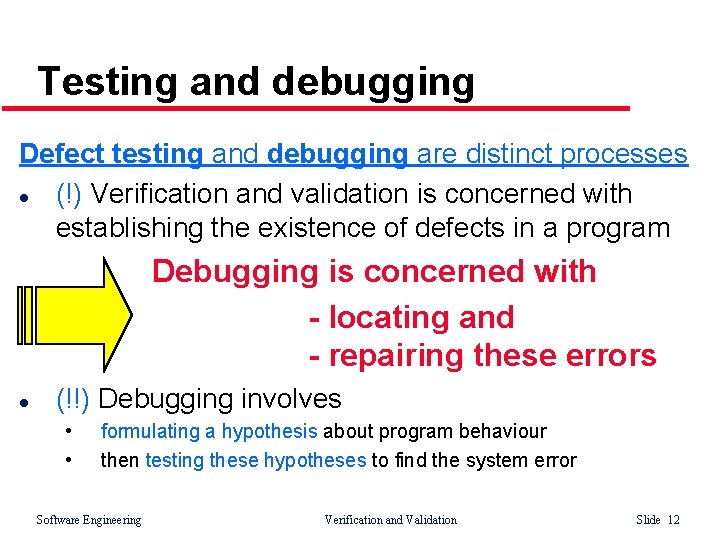 Testing and debugging Defect testing and debugging are distinct processes l (!) Verification and