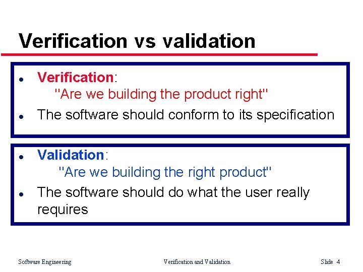 Verification vs validation l l Verification: "Are we building the product right" The software