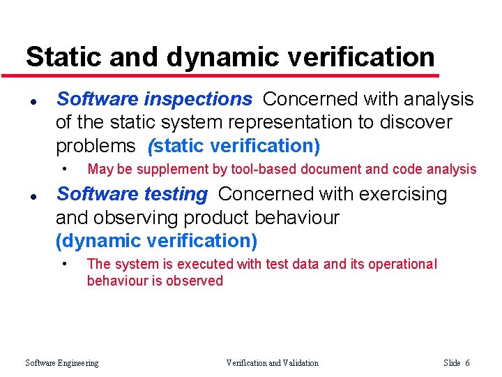 Static and dynamic verification l Software inspections Concerned with analysis of the static system