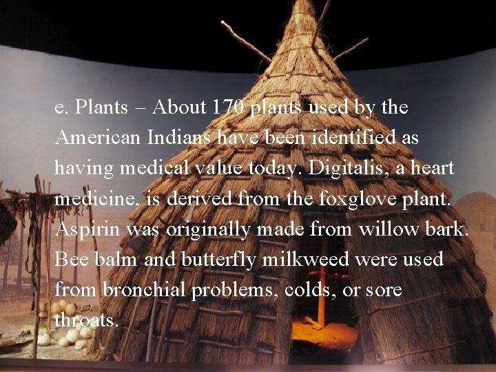 e. Plants – About 170 plants used by the American Indians have been identified