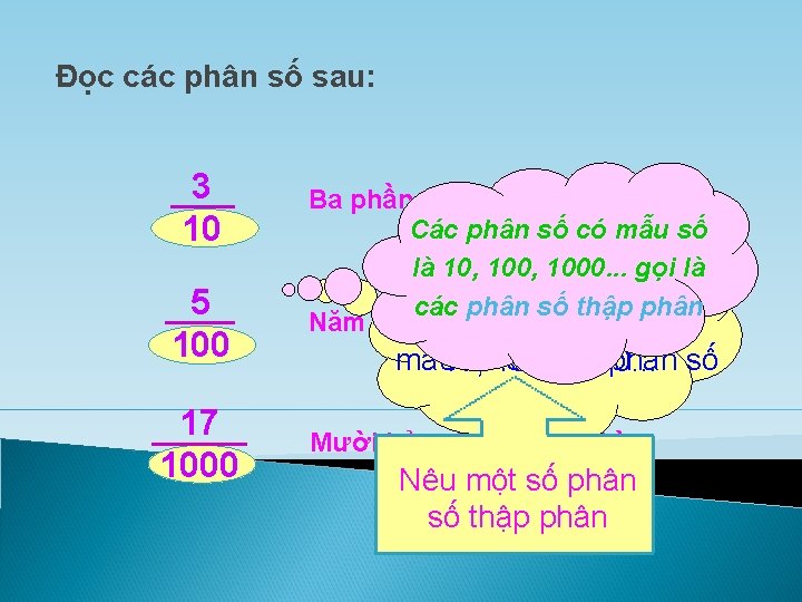 Đọc các phân số sau: 3 10 5 100 17 1000 Ba phần mười