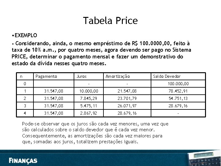 Tabela Price • EXEMPLO • Considerando, ainda, o mesmo empréstimo de R$ 100. 0000,