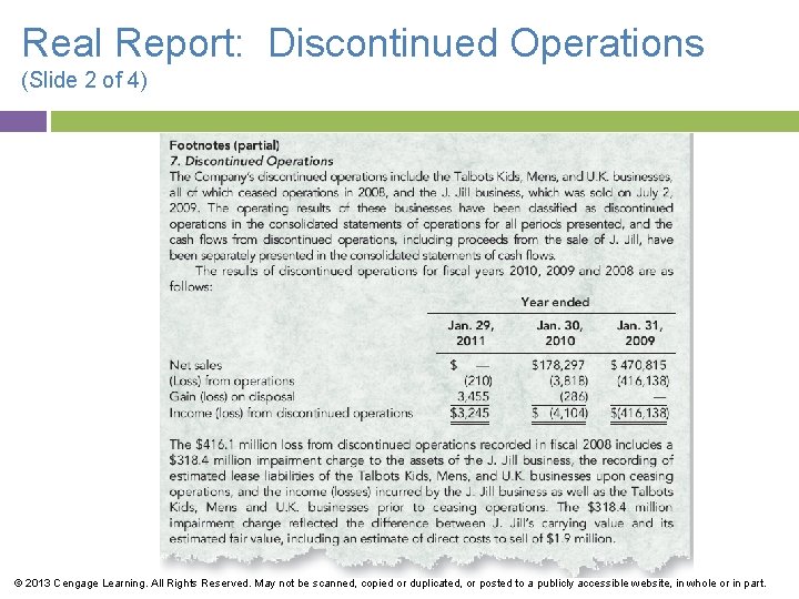 Real Report: Discontinued Operations (Slide 2 of 4) © 2013 Cengage Learning. All Rights