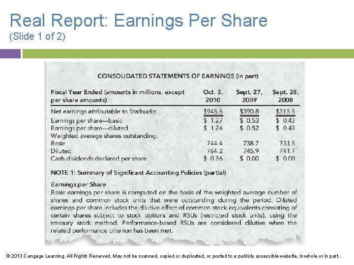 Real Report: Earnings Per Share (Slide 1 of 2) © 2013 Cengage Learning. All