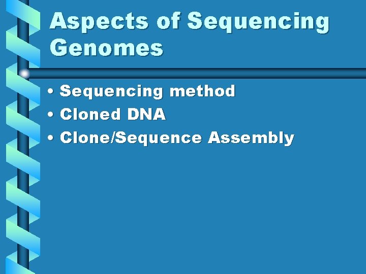 Aspects of Sequencing Genomes • Sequencing method • Cloned DNA • Clone/Sequence Assembly Aspects of Sequencing Genomes • Sequencing method • Cloned DNA • Clone/Sequence Assembly