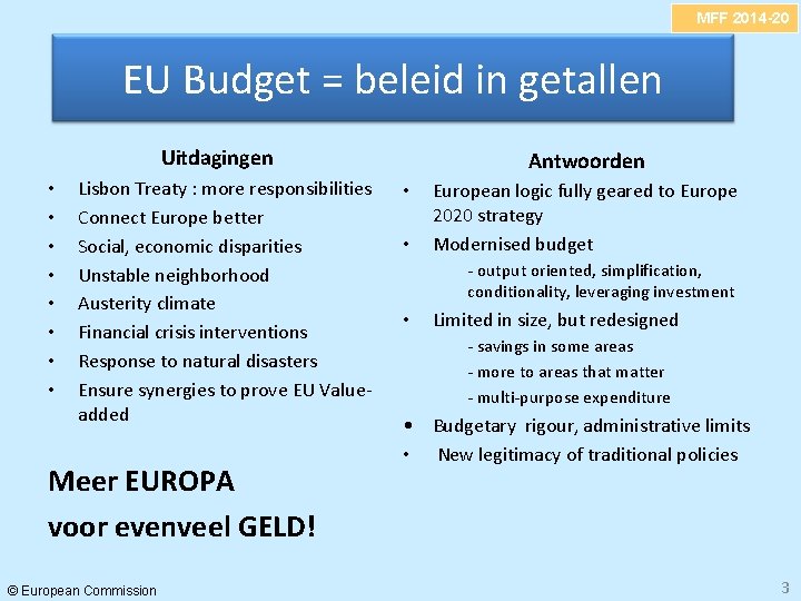 MFF 2014 -20 EU Budget = beleid in getallen Uitdagingen • • Lisbon Treaty