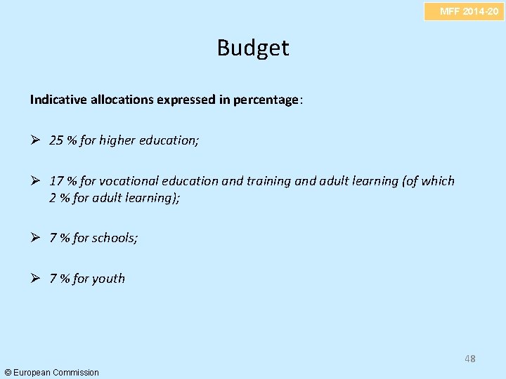 MFF 2014 -20 Budget Indicative allocations expressed in percentage: Ø 25 % for higher