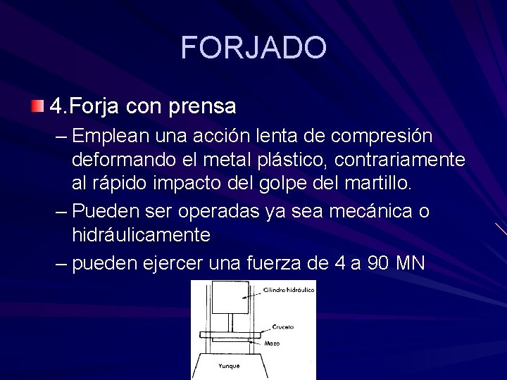 FORJADO 4. Forja con prensa – Emplean una acción lenta de compresión deformando el FORJADO 4. Forja con prensa – Emplean una acción lenta de compresión deformando el