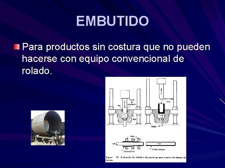 EMBUTIDO Para productos sin costura que no pueden hacerse con equipo convencional de rolado. EMBUTIDO Para productos sin costura que no pueden hacerse con equipo convencional de rolado.