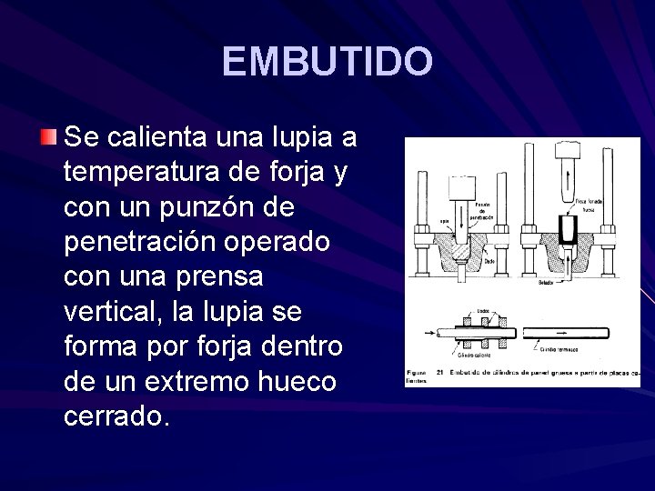 EMBUTIDO Se calienta una lupia a temperatura de forja y con un punzón de EMBUTIDO Se calienta una lupia a temperatura de forja y con un punzón de
