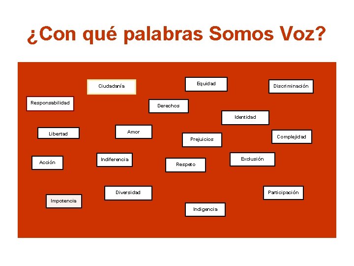 ¿Con qué palabras Somos Voz? Equidad Ciudadanía Responsabilidad Discriminación Derechos Identidad Libertad Amor Complejidad