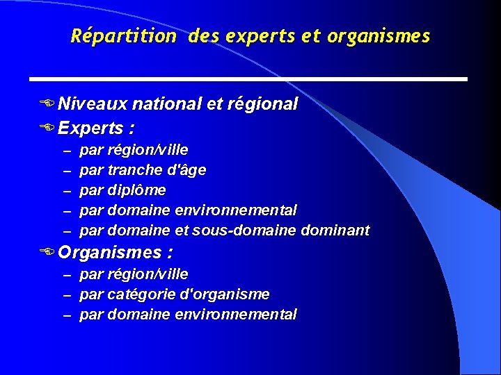 Répartition des experts et organismes E Niveaux national et régional E Experts : –
