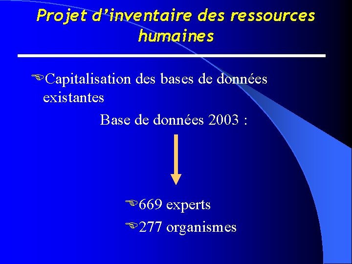 Projet d’inventaire des ressources humaines ECapitalisation des bases de données existantes Base de données