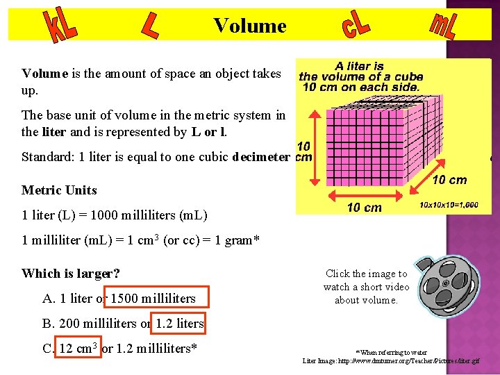 Volume is the amount of space an object takes up. The base unit of