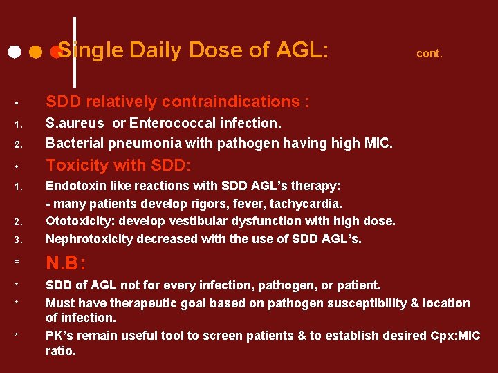 Single Daily Dose of AGL: • SDD relatively contraindications : 1. 2. S. aureus