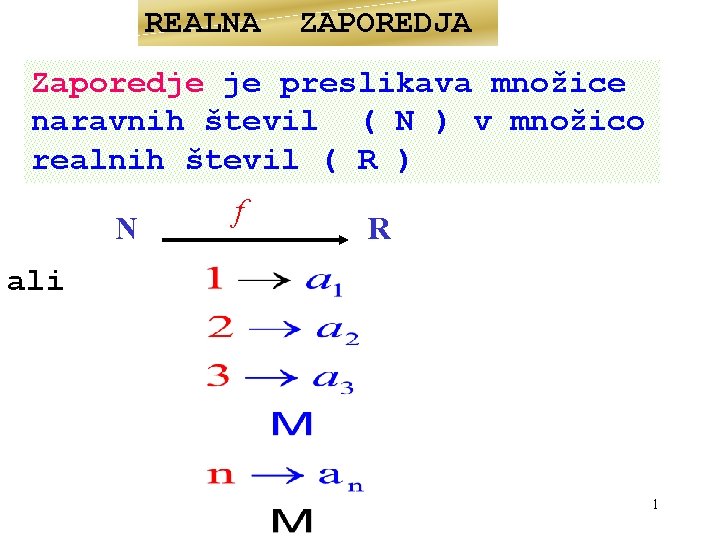REALNA ZAPOREDJA Zaporedje je preslikava množice naravnih števil ( N ) v množico realnih REALNA ZAPOREDJA Zaporedje je preslikava množice naravnih števil ( N ) v množico realnih