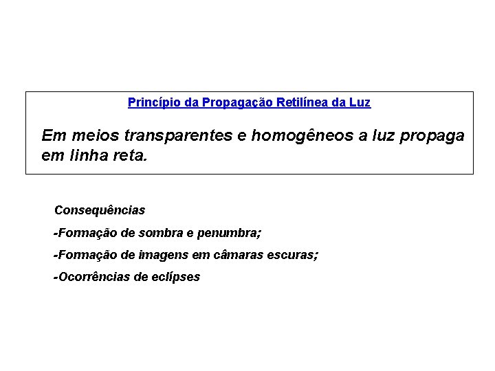 Princípio da Propagação Retilínea da Luz Em meios transparentes e homogêneos a luz propaga