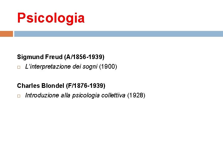 Psicologia Sigmund Freud (A/1856 -1939) L’interpretazione dei sogni (1900) Charles Blondel (F/1876 -1939) Introduzione