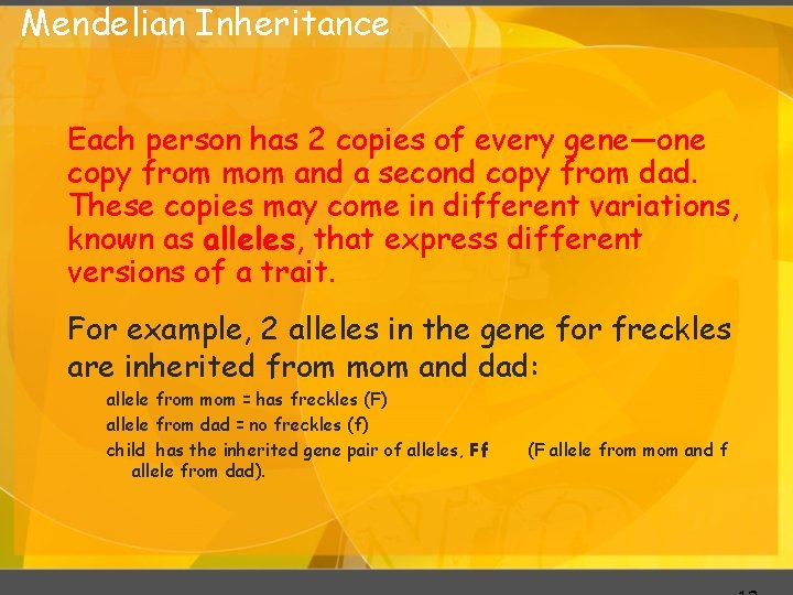 Mendelian Inheritance Each person has 2 copies of every gene—one copy from mom and