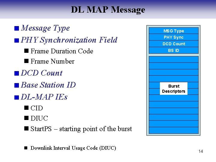 DL MAP Message Type PHY Synchronization Field n Frame Duration Code n Frame Number