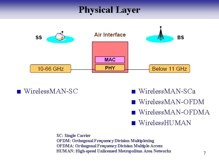 Physical Layer Wireless. MAN-SCa Wireless. MAN-OFDMA Wireless. HUMAN SC: Single Carrier OFDM: Orthogonal Frequency