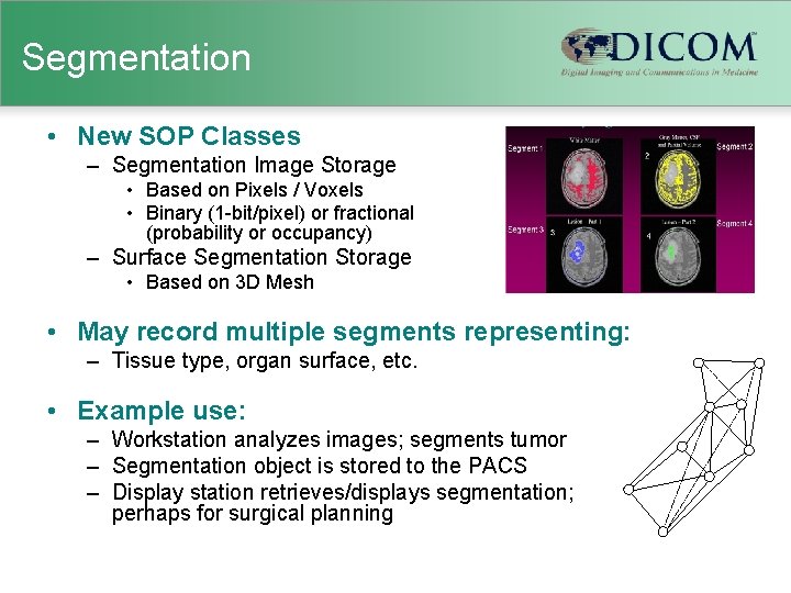 Segmentation • New SOP Classes – Segmentation Image Storage • Based on Pixels /