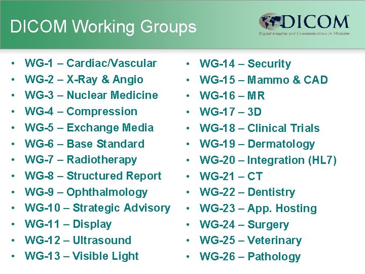 DICOM Working Groups • • • • WG-1 – Cardiac/Vascular WG-2 – X-Ray &