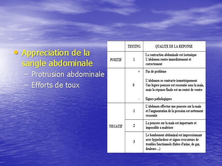  • Appreciation de la sangle abdominale – Protrusion abdominale – Efforts de toux