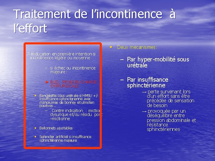 Traitement de l’incontinence à l’effort • Deux mecanismes: Rééducation en première intention si incontinence
