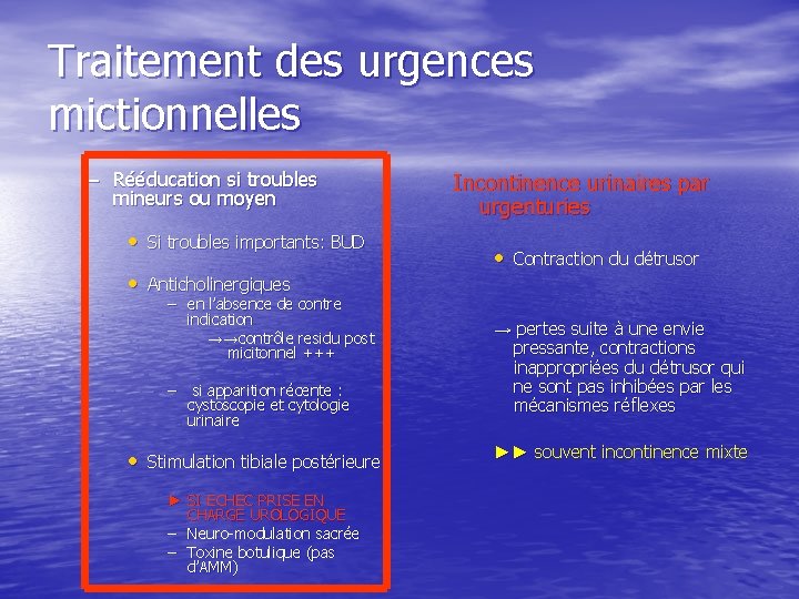 Traitement des urgences mictionnelles – Rééducation si troubles mineurs ou moyen • Si troubles