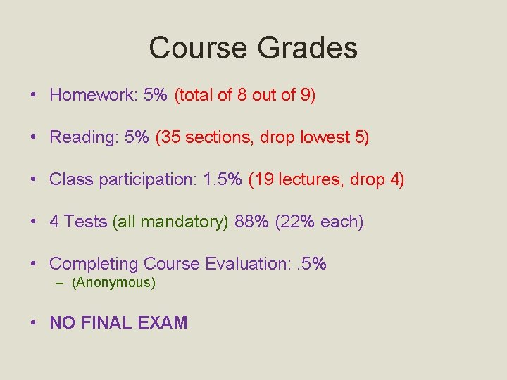 Course Grades • Homework: 5% (total of 8 out of 9) • Reading: 5%
