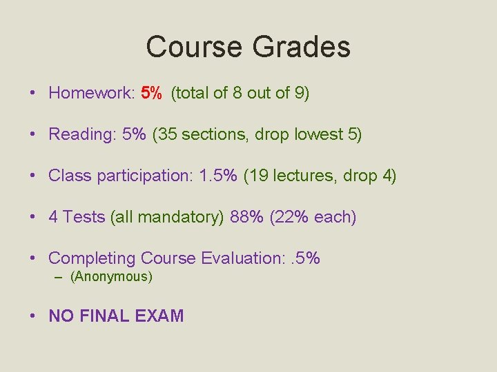 Course Grades • Homework: 5% (total of 8 out of 9) • Reading: 5%