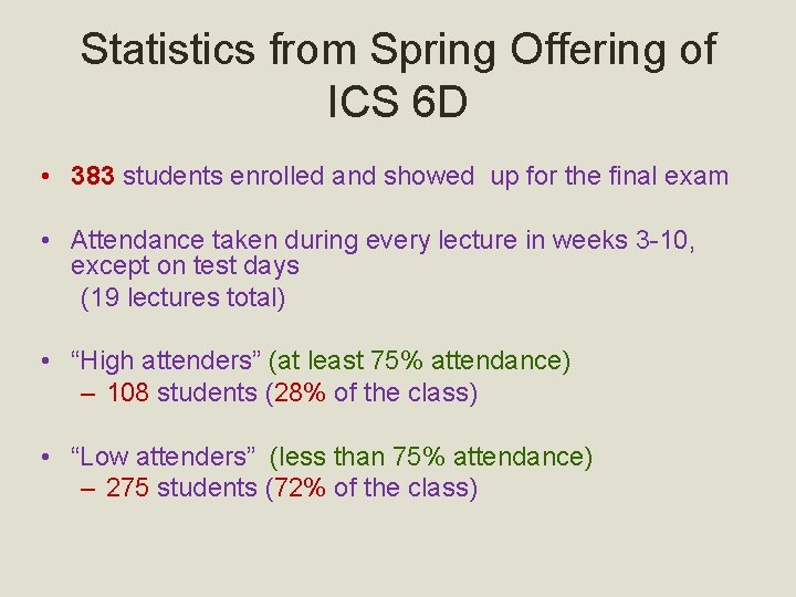 Statistics from Spring Offering of ICS 6 D • 383 students enrolled and showed