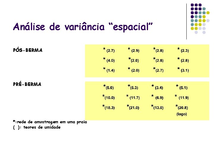 Análise de variância “espacial” PÓS-BERMA PRÉ-BERMA *: rede de amostragem em uma praia (