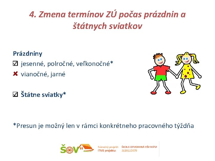 4. Zmena termínov ZÚ počas prázdnin a štátnych sviatkov Prázdniny jesenné, polročné, veľkonočné* vianočné,