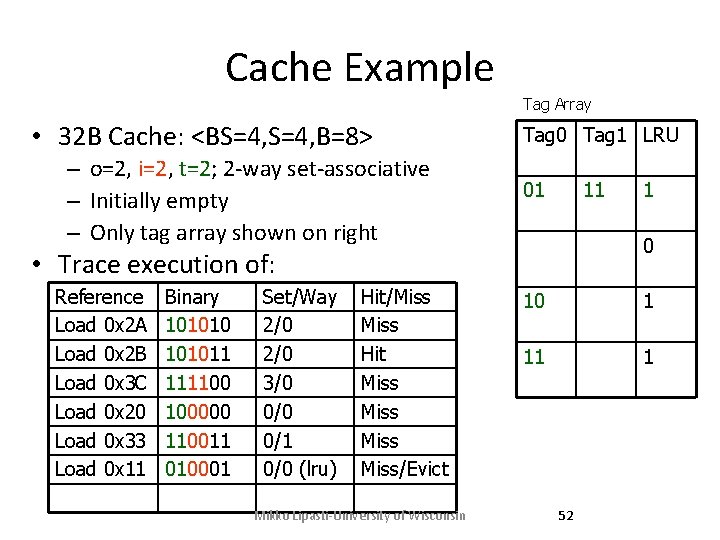 Cache Example Tag Array • 32 B Cache: <BS=4, B=8> – o=2, i=2, t=2; Cache Example Tag Array • 32 B Cache: <BS=4, B=8> – o=2, i=2, t=2;