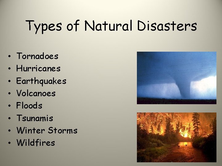 Types of Natural Disasters • • Tornadoes Hurricanes Earthquakes Volcanoes Floods Tsunamis Winter Storms