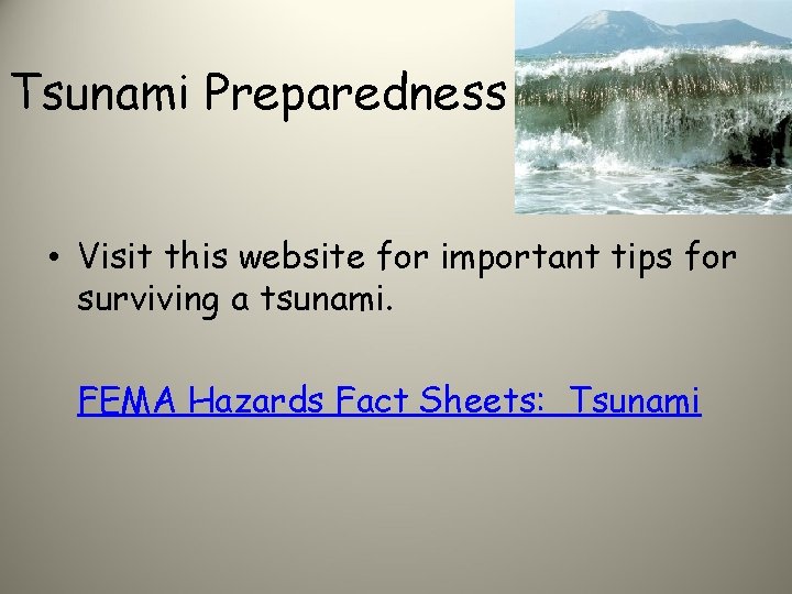 Tsunami Preparedness • Visit this website for important tips for surviving a tsunami. FEMA