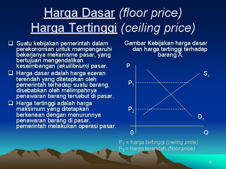 Harga Dasar (floor price) Harga Tertinggi (ceiling price) q Suatu kebijakan pemerintah dalam perekonomian
