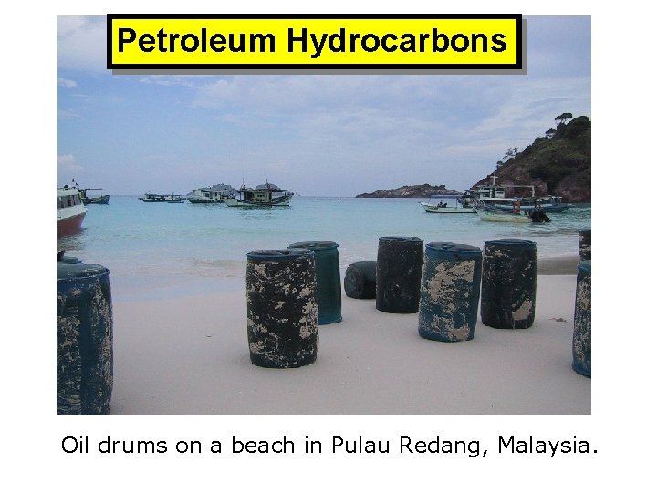 Petroleum Hydrocarbons Oil drums on a beach in Pulau Redang, Malaysia. 