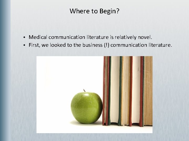 Where to Begin? w w Medical communication literature is relatively novel. First, we looked
