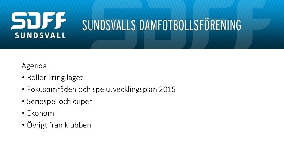 Agenda: • Roller kring laget • Fokusområden och spelutvecklingsplan 2015 • Seriespel och cuper