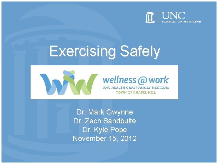 Exercising Safely Dr. Mark Gwynne Dr. Zach Sandbulte Dr. Kyle Pope November 15, 2012