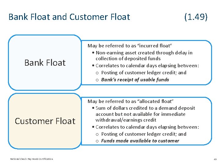 Bank Float and Customer Float (1. 49) Bank Float May be referred to as