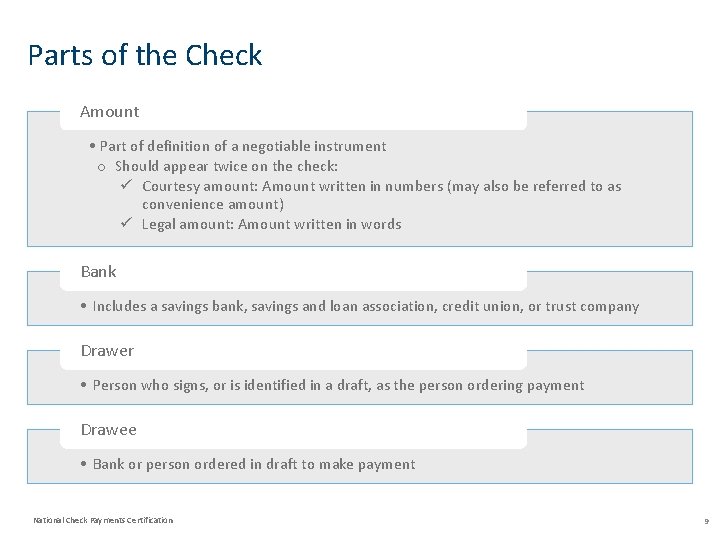 Parts of the Check Amount • Part of definition of a negotiable instrument o