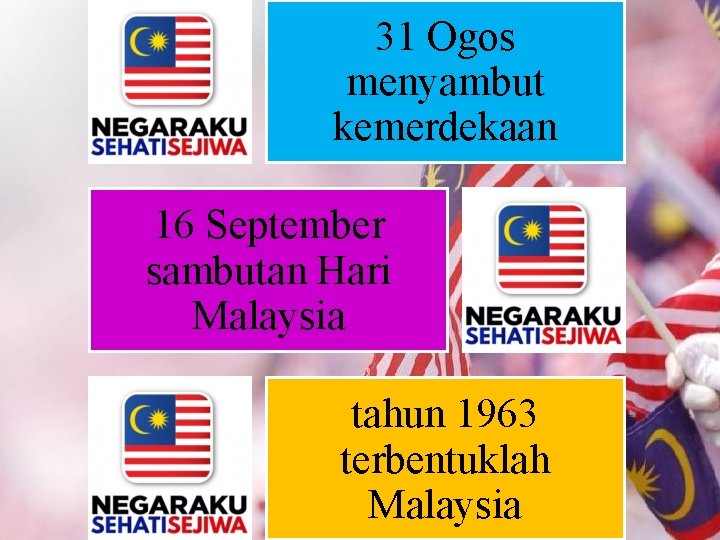 31 Ogos menyambut kemerdekaan 16 September sambutan Hari Malaysia tahun 1963 terbentuklah Malaysia 
